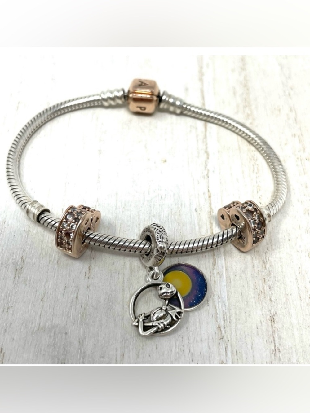 PANDORA Disney and more 3 charm sterling & rose gold sterling silver bracelet